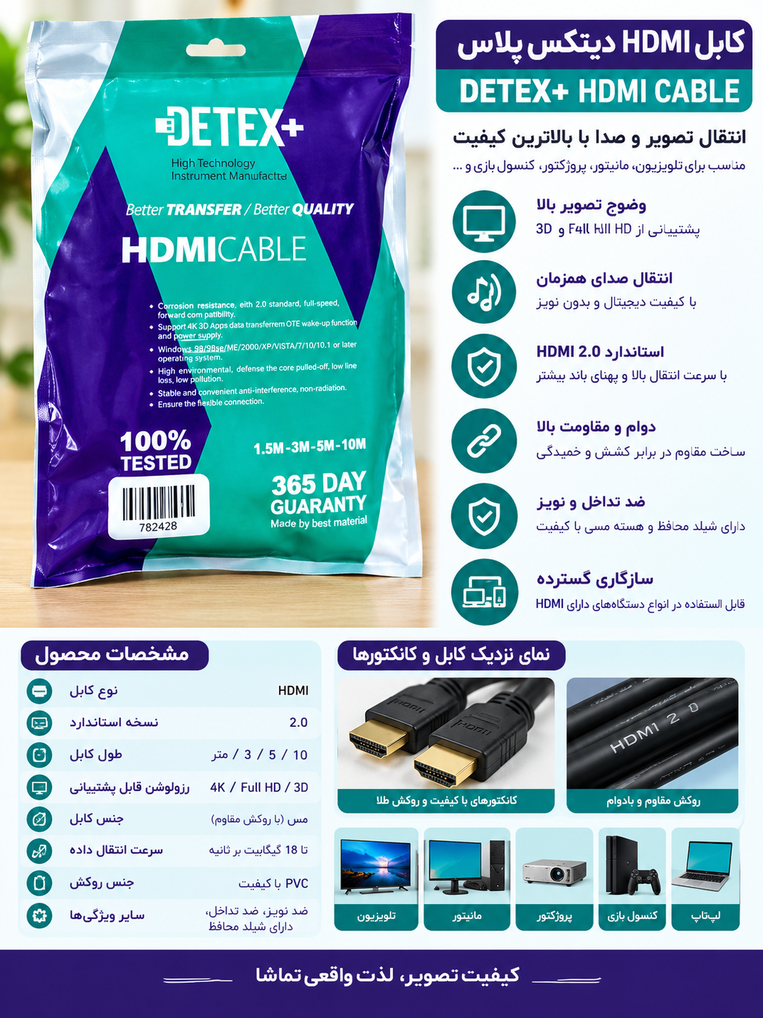 کابل HDMI مدل دیتکس پلاس طول ۳ متر
